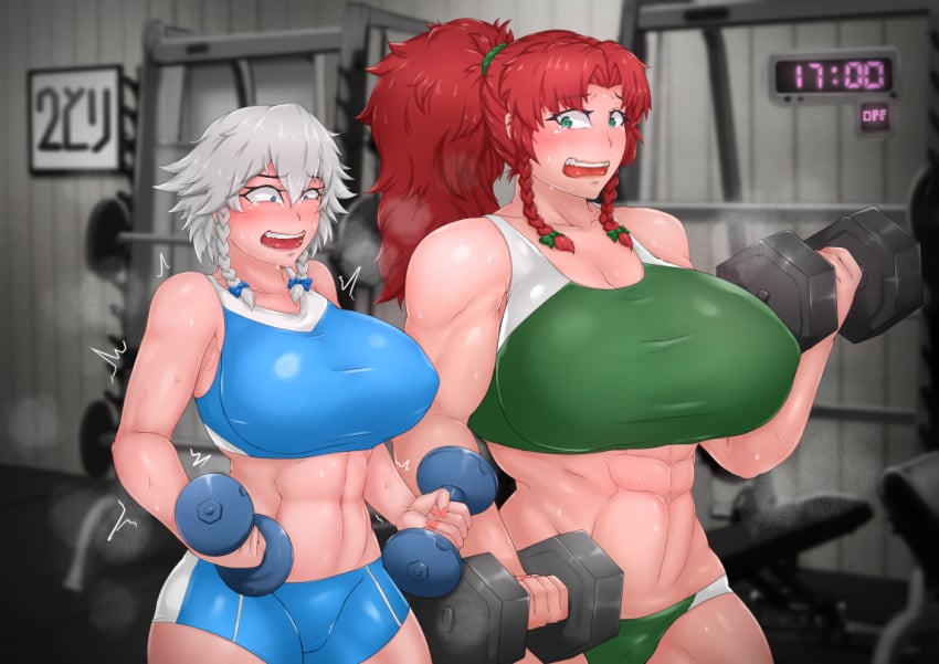 chanary female hong_meiling huge_ass huge_breasts lifting muscular_female navel sakuya_izayoi sportswear thick_thighs touhou wide_hips