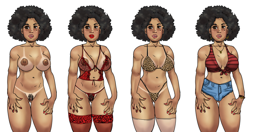 10pudor afro alternate_costume big_areolae brown_skinned_female bushy_pubes lingerie nude_female only_female shiny_nipples tagme tanline thighhighs