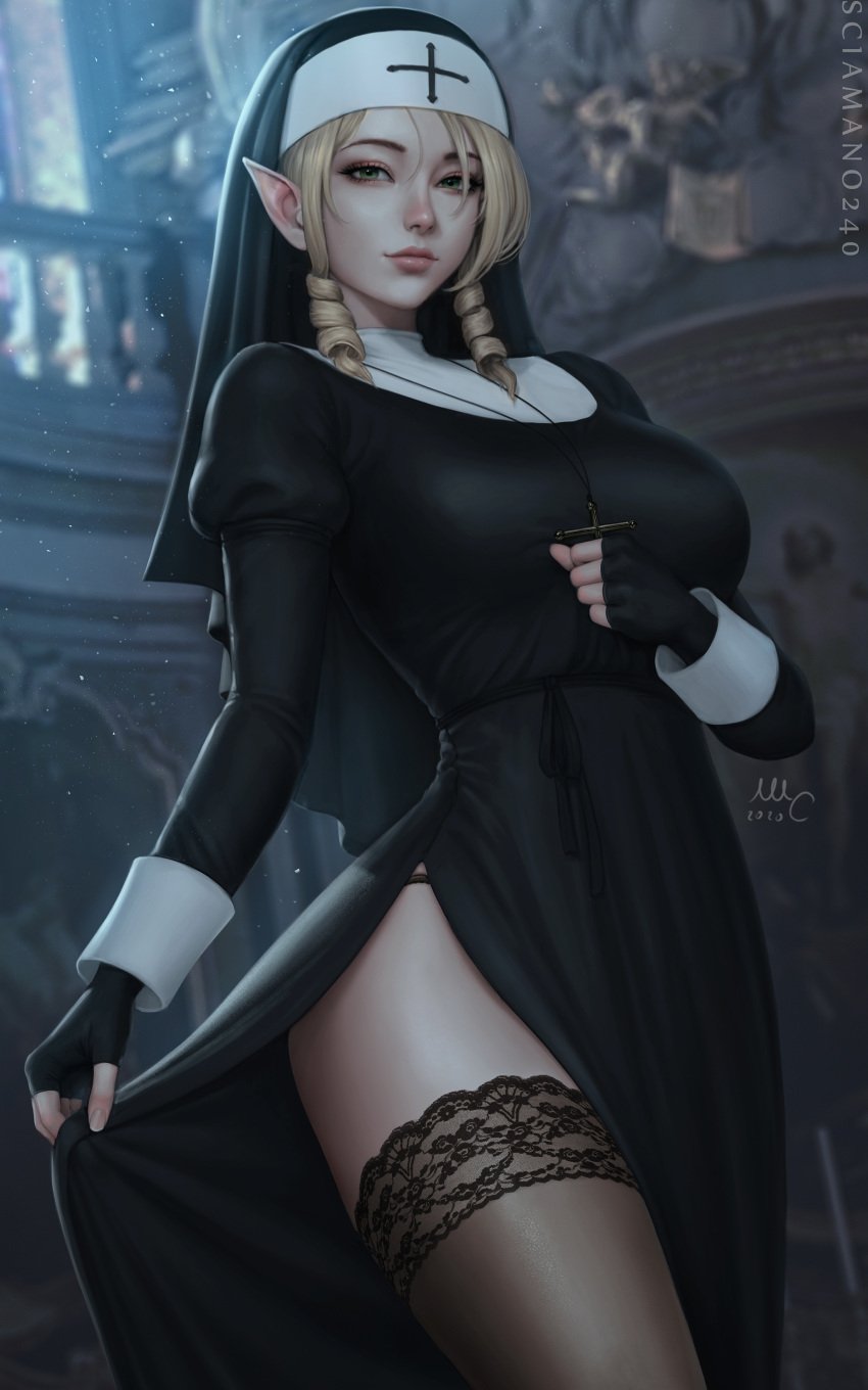 1girls big_breasts big_lips blonde_female blonde_hair cross elf elf_ears female female_only green_eyes hi_res looking_at_viewer mirco_cabbia myra_(sciamano240) nun nun_outfit oc original original_character sciamano240 solo solo_female solo_focus stockings thick_thighs thong thong_panties wide_hips