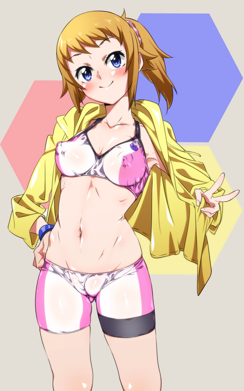 1girls blue_eyes blush bra brown_hair cameltoe collarbone erect_nipples_under_clothes gundam gundam_build_fighters gundam_build_fighters_try hood hoodie hoshino_fumina navel niko_(tama) open_clothes open_hoodie open_jacket pink_bra ponytail smile solo spats