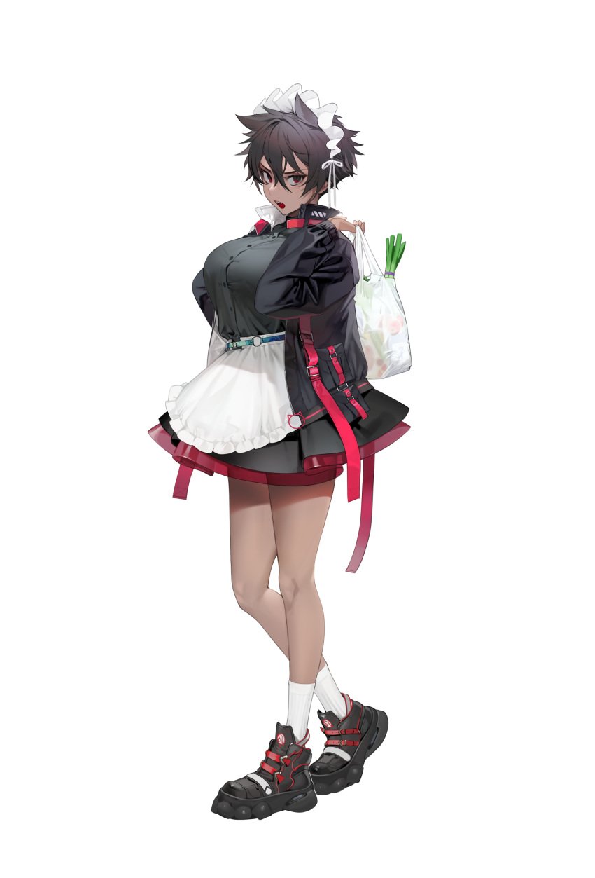 1girls alternate_costume apron bag bangs black_footwear black_shirt brown_hair crossed_bangs dark-skinned_female dark_skin female female_only full_body grocery_bag hair_between_eyes hair_ears hair_flaps hair_ribbon hand_on_hip highres large_breasts leek long_sleeves looking_at_viewer maid maid_apron maid_headdress micchan_(ohisashiburi) ohisashiburi original original_character red_eyes ribbon shirt shoes shopping_bag short_hair simple_background socks solo spring_onion tomboy very_short_hair waist_apron white_apron white_background white_ribbon white_socks