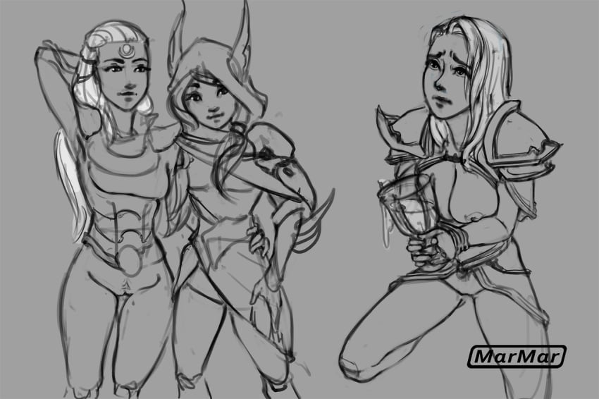 3girls arms_behind_head blizzard_entertainment bottomless breasts_out cum_chalice cum_in_container diana_(league_of_legends) hand_on_hip human human_(world_of_warcraft) jaina_proudmoore kneeling league_of_legends looking_at_another looking_at_viewer looking_up marmar monochrome sketch tagme warcraft world_of_warcraft xayah