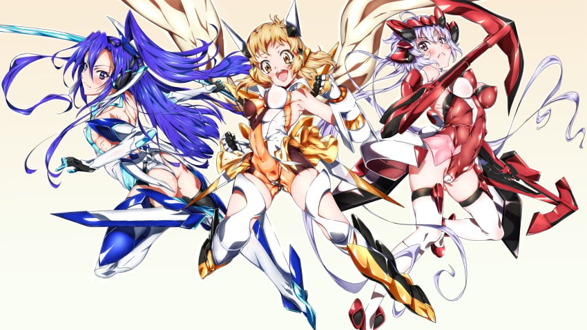 3girls armpits ass cameltoe erect_nipples female_only kazanari_tsubasa large_breasts magical_girl multiple_girls navel niko_(tama) open_mouth senki_zesshou_symphogear smile tachibana_hibiki_(symphogear) teeth yukine_chris