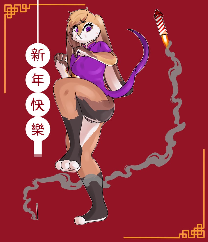 absurd_res anthro asian_clothing ass big_butt brown_body brown_fur chinese_clothing chinese_dress chinese_new_year clothed clothing digital_media_(artwork) dress east_asian_clothing female fireworks fur genitals hair hi_res lagomorph leporid mammal purple_eyes pussy rabbit rodd.y simple_background solo thick_thighs topwear white_paws wide_hips