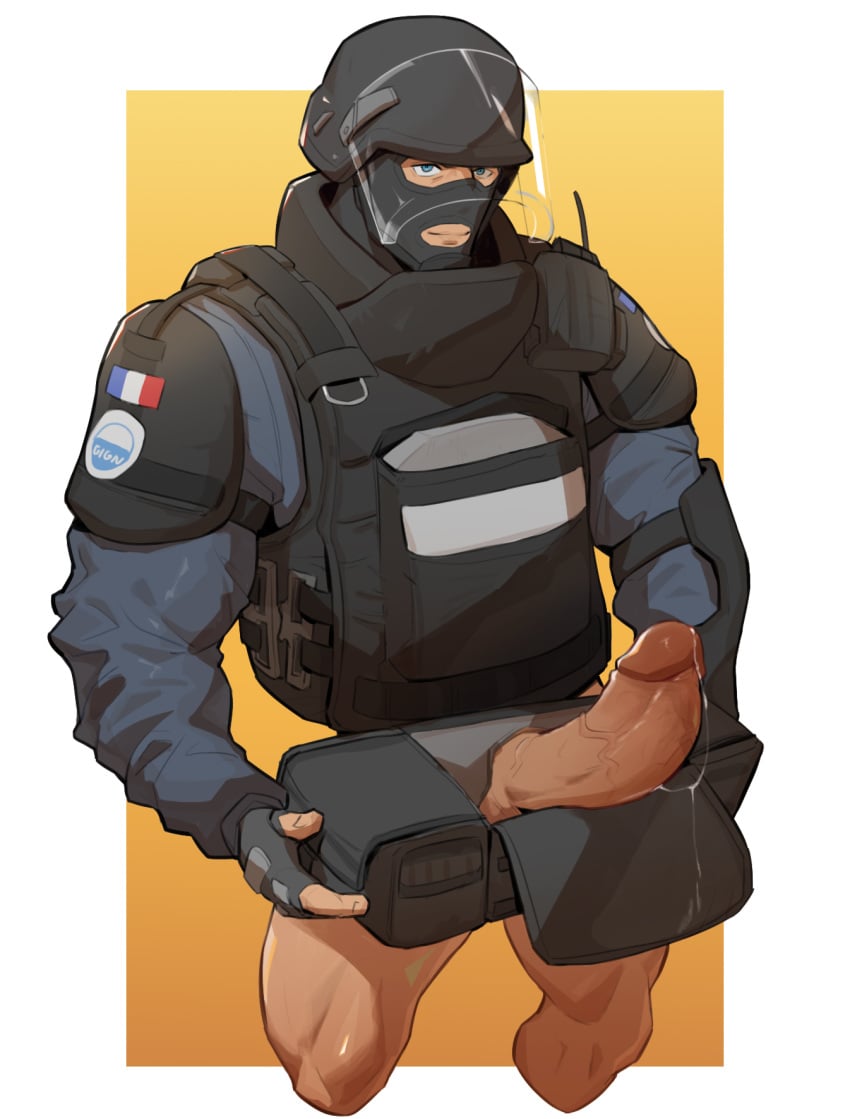 big_penis bottomless french french_flag gay helmet lad male_only manly mask masked masked_male muscular_legs police_uniform precum precum_drip rainbow_six rainbow_six_siege ricebug rook_(rainbow_six) solo tough_guy uniform yaoi