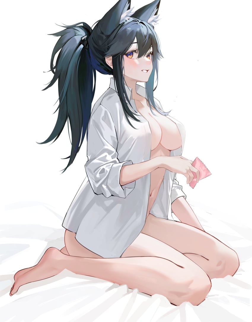 animal_ear_fluff animal_ears arknights barefoot black_hair bottomless breasts cleavage condom condom_wrapper drive_shot female from_side full_body highres holding holding_condom long_hair medium_breasts navel ponytail red_eyes sidelocks sitting solo texas_(arknights) thighs wolf_ears