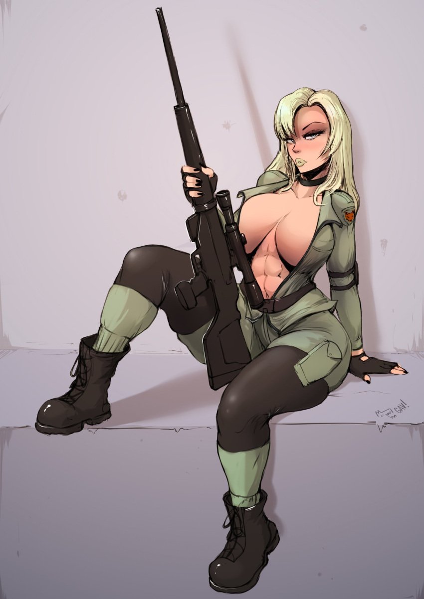 1girls aleksandrgav cleavage curvaceous curvy_body curvy_figure female_focus female_only fit_female gun high_resolution highres metal_gear_solid military_uniform muscular_female seductive_look sniper sniper_rifle sniper_wolf voluptuous_female