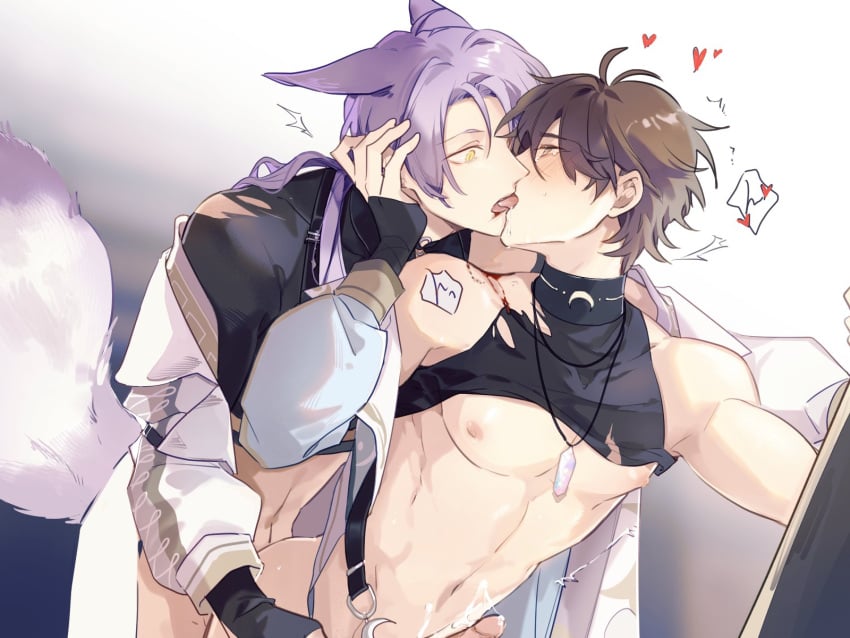 2boys anal animal_ears bishonen blush brown_eyes brown_hair couple cum eiden_(nu:_carnival) ejaculating_while_penetrated ejaculation erection fox_boy fox_ears fox_tail gem handsfree_ejaculation highres kissing kuya_(nu:_carnival) long_sleeves male_focus multiple_boys nu:_carnival pectorals penis purple_hair short_hair surprise_kiss surprised tail tearing_up tears wide-eyed yaoi yellow_eyes zym89622531