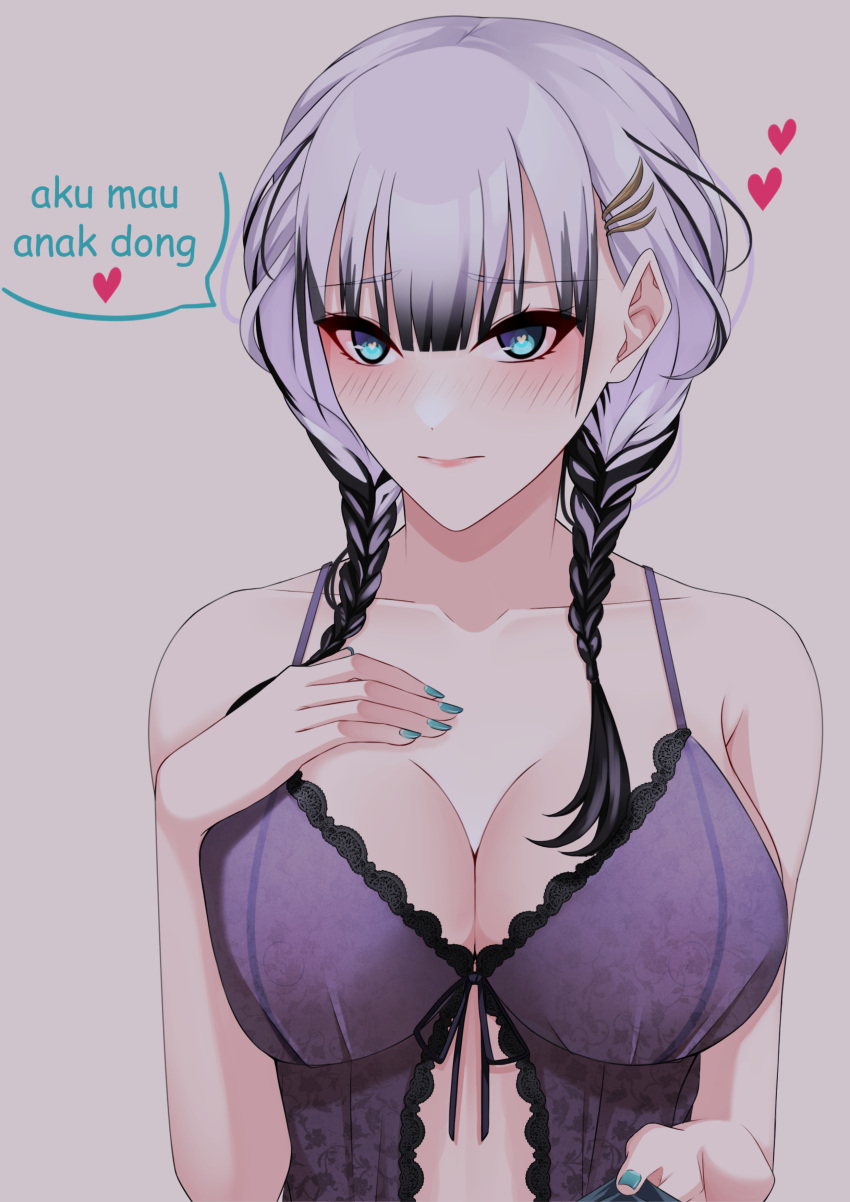 1girls asking_for_it big_breasts blue_eyes blush breasts cleavage female hololive hololive_indonesia large_breasts light-skinned_female light_skin lingerie pavolia_reine silver_hair studio_artblock virtual_youtuber