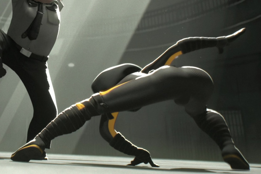 action_pose anthro ass balls_outline black_suit butt clothed clothing diane_foxington edited_screencap female female_focus fox gynomorph hi_res highres male no_visible_tail obscured_character remanedur security_guard skin_tight small_breasts the_bad_guys vulpine