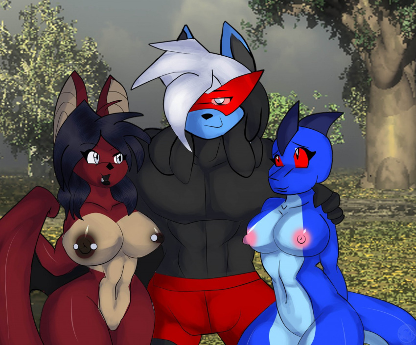 2015 anthro anu_(shadow-anubis) areola ass bat big_breasts black_body black_fur black_hair blue_body blue_scales blue_skin breasts brown_areola brown_nipples clothed clothed/nude clothed_male_nude_female clothing cloud curvy_figure female fur generation_4_pokemon grass group hair hand_on_shoulder hands_behind_back jeffron june_(justathereptile) justathereptile kamina_shades komodo_dragon lizard lucario male male/female mammal membrane_(anatomy) membranous_wings monitor_lizard nintendo nipple_piercing nipples non-mammal_breasts non-mammal_nipples nude nude_female outdoor_nudity outside piercing pink_areola pink_nipples plant pokemon pokemon_(species) red_body red_eyes red_fur reptile scales scalie scutes selphia shadow-anubis simple_background sky smile tail thick_thighs topless topless_male tree trio watermark white_eyes white_hair wide_hips wings