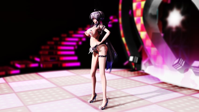 3d ahoge belt big_breasts erect_nipples headphones image iwara leg_band lion_musashi long_hair mmd nipple_cutout red_eyes skimpy standing tall_female very_long_hair vocaloid white_hair yowane_haku