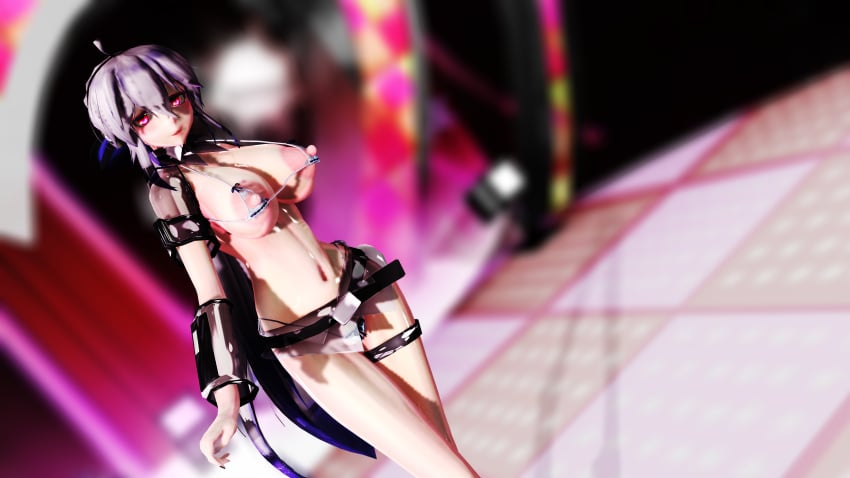 3d ahoge belt big_breasts erect_nipples headphones image iwara leg_band lion_musashi long_hair mmd nipple_cutout red_eyes skimpy standing tall_female very_long_hair vocaloid white_hair yowane_haku