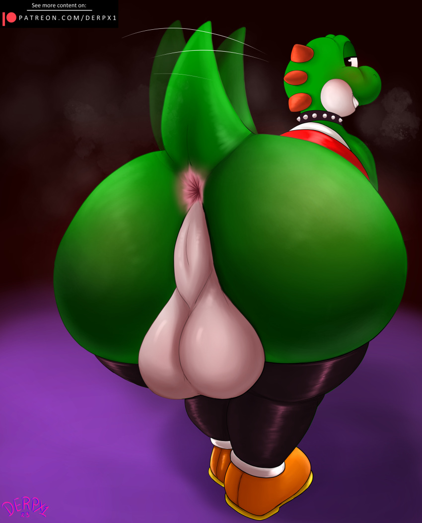 2023 absurd_res anus ass backsack balls big_butt clothing derpx1 digital_media_(artwork) footwear genitals hi_res huge_butt legwear looking_back male mario_(series) nintendo rear_view solo tail tail_motion tailwag text url yoshi