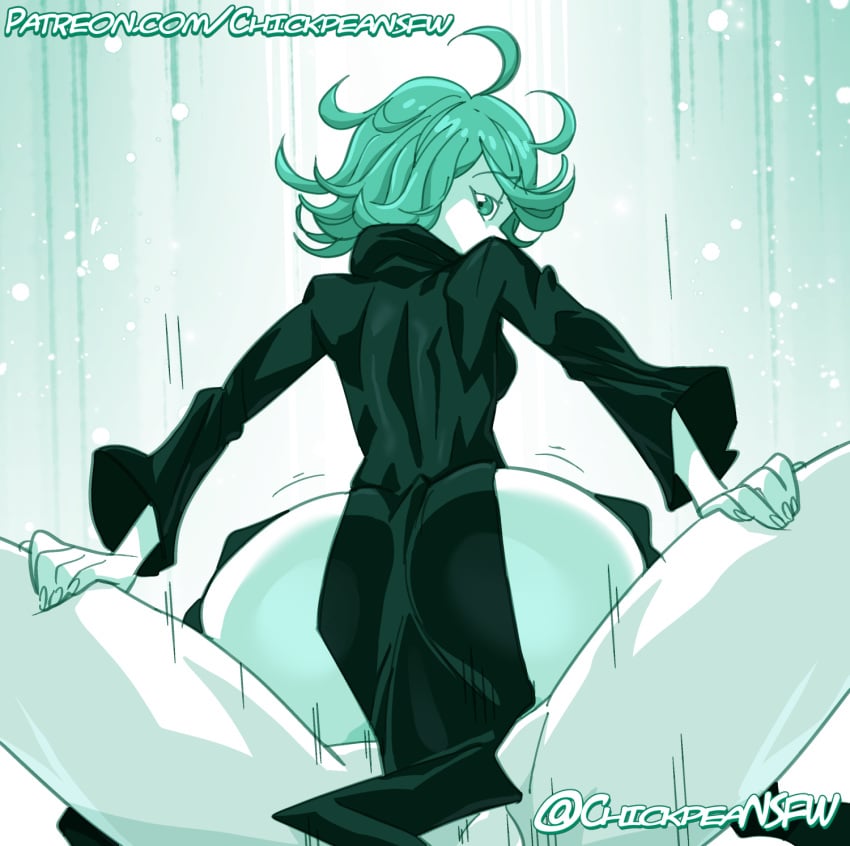 1boy 1girls 2023 anal anal_sex ass chickpea clothed_female_nude_male clothed_sex female green_background green_theme looking_at_viewer looking_over_shoulder male monochrome one-punch_man pov short_hair simple_background straight tatsumaki