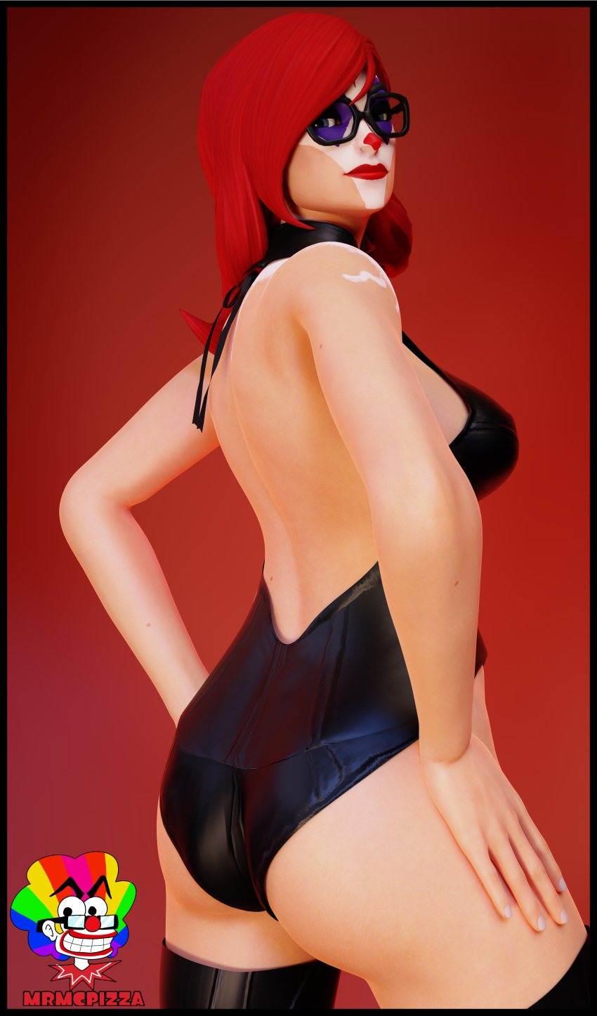 3d big_ass clown clown_girl clown_makeup clussy female_only fortnite leather leggings leotard mrmcpizza peekaboo_(fortnite) red_hair tight_clothing