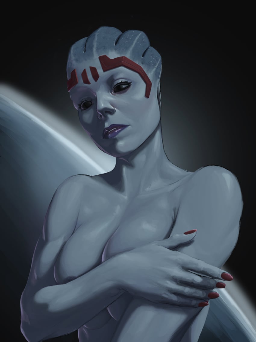 alien asari big_breasts black_eyes blue_skin bust_portrait covering_breasts drawn fit fit_female hairless headwear hwordin looking_off_screen mass_effect mass_effect_2 muscular purple_lipstick red_nail_polish red_nails samara solo solo_female topless topless_female