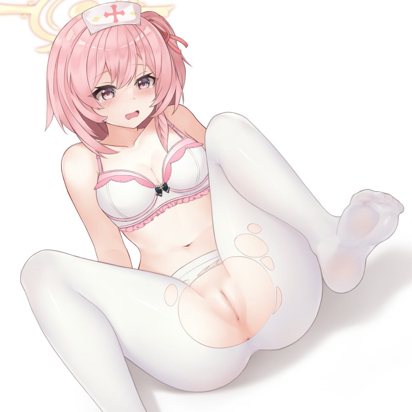 absurdres anus blue_archive blush bow bow_bra bra breasts censored cleavage feet female full_body halo hat highres lhj85313 medium_breasts mosaic_censoring navel no_panties no_shoes nurse_cap pantyhose pink_bra pink_eyes pink_hair pussy remedial_knights_(blue_archive) serina_(blue_archive) sitting soles solo torn_clothes torn_pantyhose trinity_general_school_student underwear white_background white_pantyhose