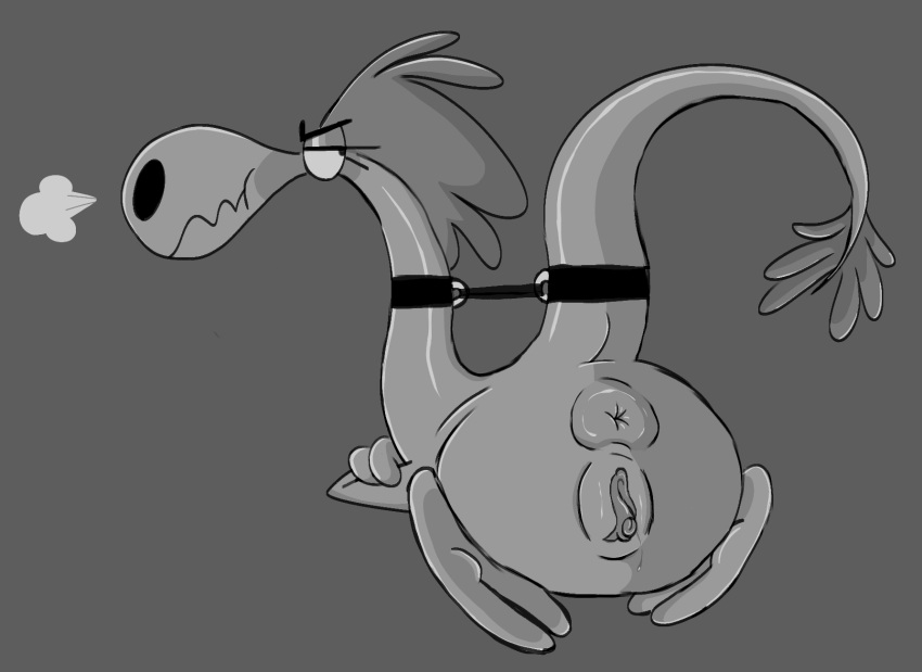 alien anthro anus blush bodily_fluids crossed_arms female genital_fluids genitals greyscale hi_res long_neck monochrome neckwear pussy pussy_juice raised_tail rear_view restraints solo sylvia_(wander_over_yonder) tail wander_over_yonder wormliker zbornak