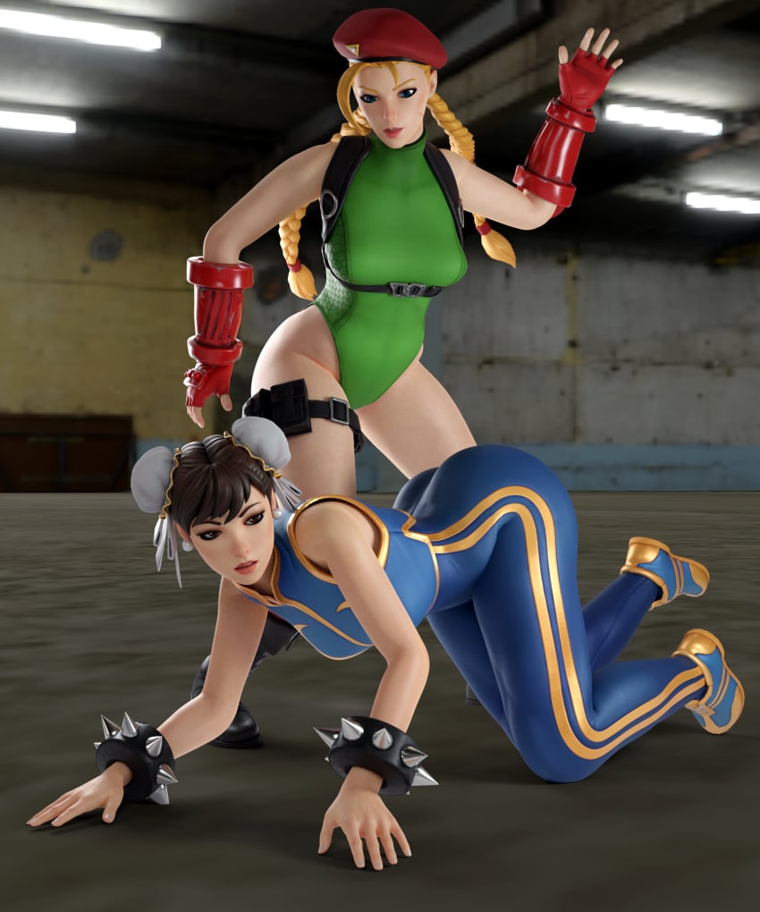 2girls 3d all_fours asian asian_female ass beret black_hair blender blonde_hair british cammy_white capcom chun-li discipline dominant_female female female_only femdom femsub fighting_pose game gloves hair_bun kinkblink leotard punishment slapping_butt spandex spanked_butt spanking street_fighter street_fighter_alpha street_fighter_v submissive tagme twintails video_games yuri