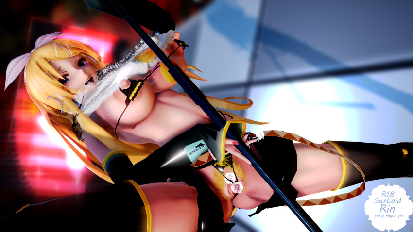 3d alternate_breast_size alternate_hair_color big_breasts blonde_hair bow_hairband breasts breasts_out iwara kagamine_rin large_areolae lion_musashi long_hair long_sleeves microphone_stand mmd nipple_cutout nipples novelty_censor pubic_hair skimpy standing_split thighhighs vocaloid