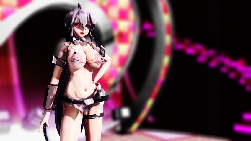 3d ahoge belt big_breasts erect_nipples headphones image iwara leg_band lion_musashi long_hair mmd nipple_cutout red_eyes skimpy standing tall_female very_long_hair vocaloid white_hair yowane_haku