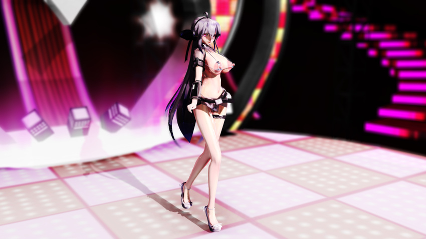 3d ahoge belt big_breasts erect_nipples headphones image iwara leg_band lion_musashi long_hair mmd nipple_cutout red_eyes skimpy standing tall_female very_long_hair vocaloid white_hair yowane_haku