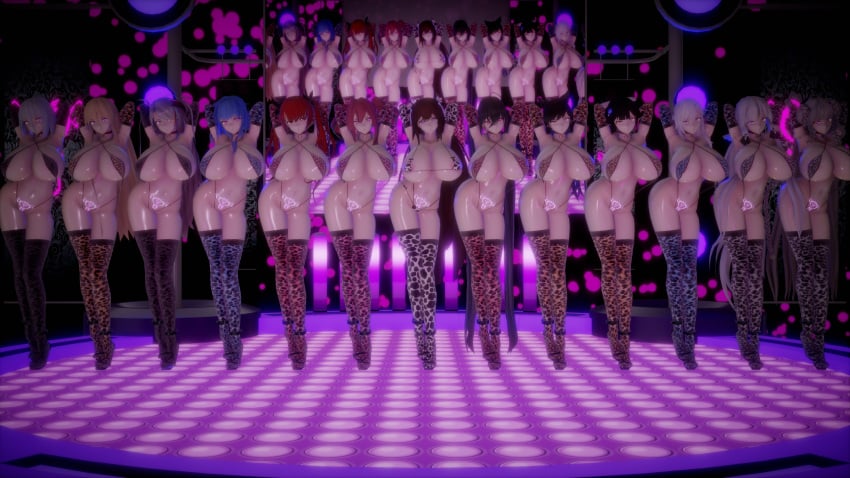 13girls 3d 6+girls armwear bell_collar big_breasts breasts_bigger_than_head glowing_eyes glowing_tattoo heart-shaped_pupils huge_breasts leopard_print micro_bikini mireille_(mmd) mmd phut_hon pubic_tattoo tagme tagme_(character) thighhighs