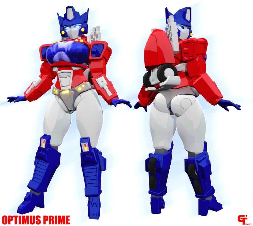 3d ass backpack big_breasts big_eyes blue_boots blue_eyes blue_footwear character_sheet cleavage curvy cute mask optimus_prime robot_girl rule_63 see-through slim_waist smokestack solo standing thick_thighs thong transformers trawert white_background