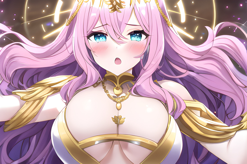 ai_generated athena athenaidol big_areola big_breasts big_nipples curvy goddess pink_hair shy turquoise_eyes virtual_youtuber vtuber