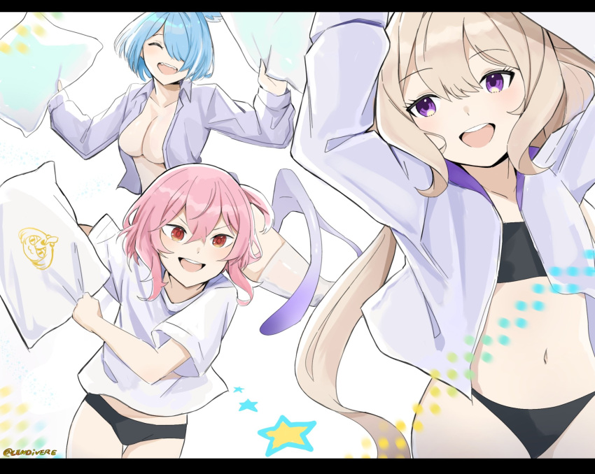 black_bra black_panties blonde_hair blue_hair bob_cut bra breasts cleavage elira_pendora enna_alouette flat_chest hair_over_one_eye implied_bottomless lendivere navel nijisanji nijisanji_en no_bra open_mouth open_shirt panties pillow pillow_fight pink_hair platinum_blonde_hair rosemi_lovelock shirt_open short_hair side_ponytail stockings t-shirt thighhighs unbuttoned_shirt virtual_youtuber white_legwear white_shirt wings