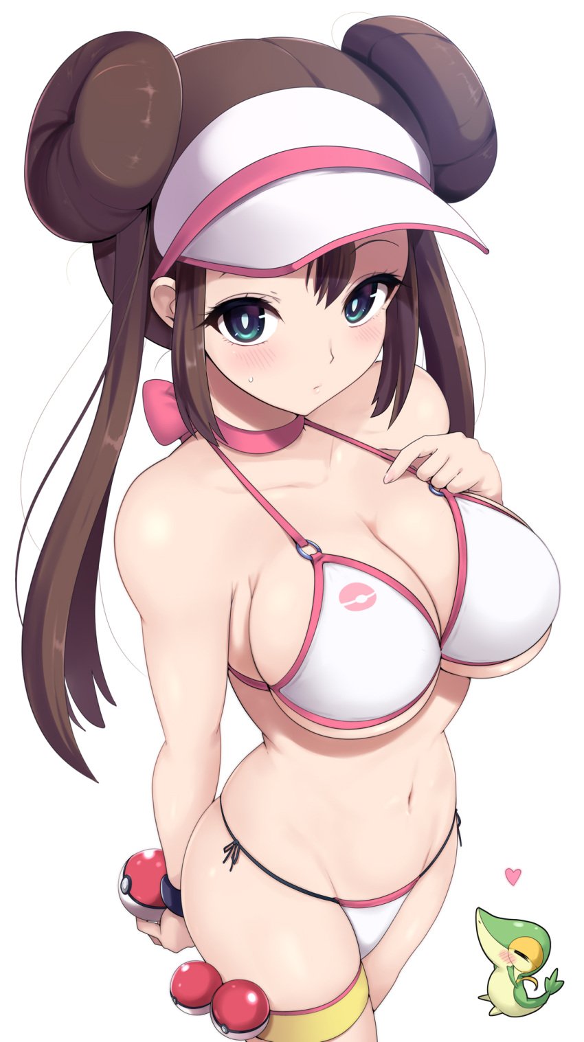 1girls bikini blue_eyes blush breasts female hat huge_breasts kasai_shin light-skinned_female light_skin long_hair looking_at_viewer nintendo pokemon pokemon_(species) pokemon_bw2 rosa_(pokemon) snivy thick_thighs thighs twin_buns twintails white_bikini