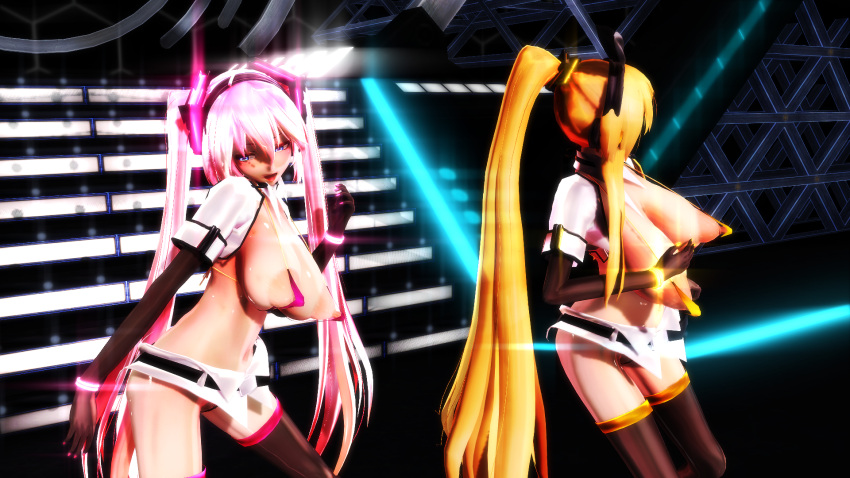 2girls 3d armwear big_breasts blonde_hair blue_eyes bow_hairband breasts female female_only hatsune_miku headset_microphone kagamine_rin large_areolae lion_musashi long_hair micro_bikini pink_hair pointy_breasts skimpy thighhighs very_long_hair vocaloid