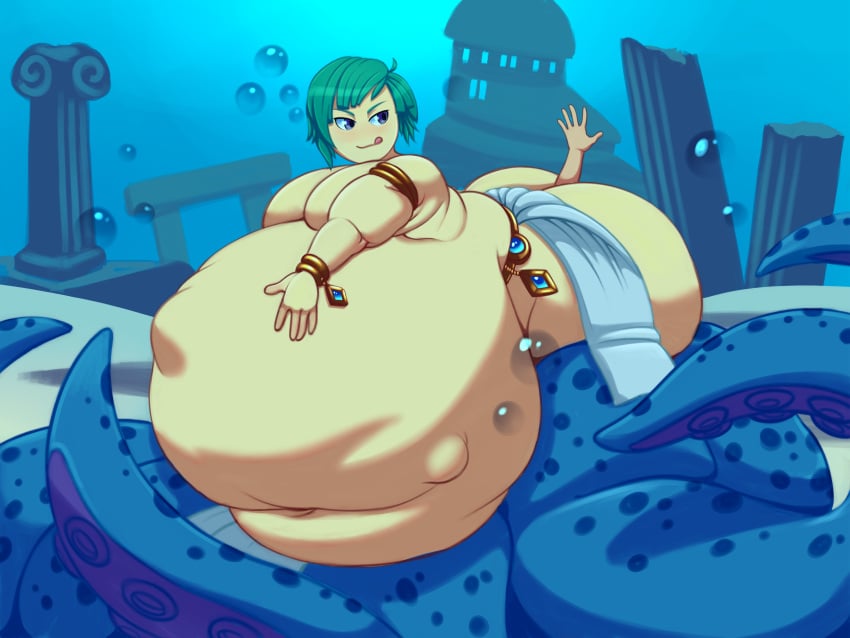 ambiguous_prey anal_vore bbw bhm big_butt bronzebanana bubble_butt cephalopod_humanoid fat fat_ass implied_vore male male/ambiguous moobs rakugo smug_face tentacle underwater_scenery unwilling_prey vore