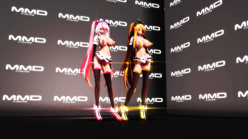 2girls 3d armwear big_breasts blonde_hair blue_eyes bow_hairband breasts female female_only hatsune_miku headset_microphone kagamine_rin large_areolae lion_musashi long_hair micro_bikini pink_hair pointy_breasts skimpy thighhighs very_long_hair vocaloid