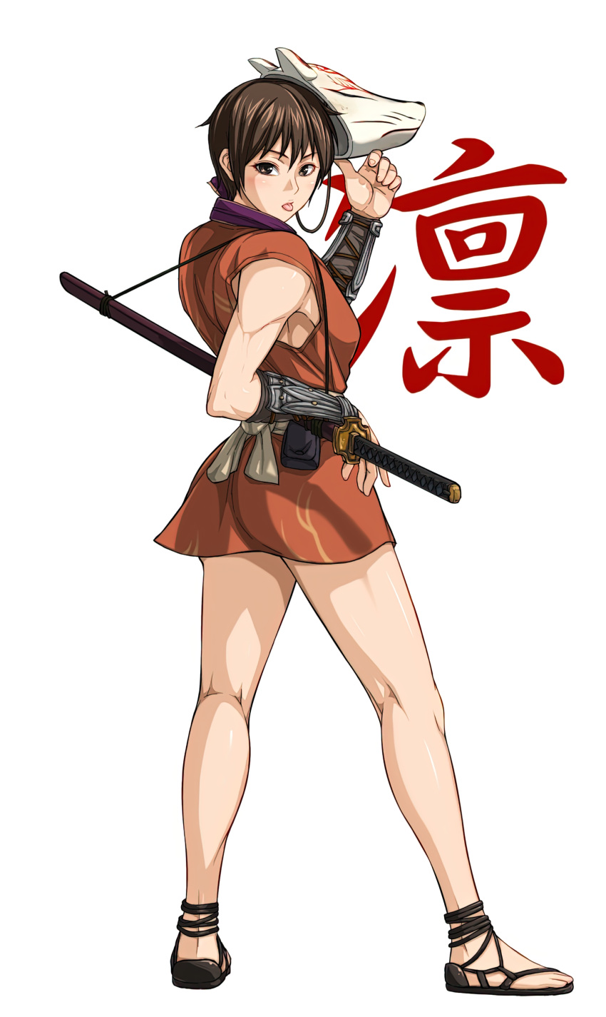 1girls bouningen breasts brown_eyes brown_hair clothing feet female female_only footwear fox_mask full_body human kimono kneepits mask mask_on_head ninja rin_(tenchu) robe sandals sash scabbard sheathed short_hair short_kimono short_sword simple_background sleeveless sleeveless_kimono small_breasts solo sword sword_behind_back tenchu toes tongue tongue_out upscaled vambraces weapon