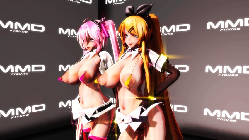 2girls 3d armwear big_breasts blonde_hair blue_eyes bow_hairband breasts female female_only hatsune_miku headset_microphone kagamine_rin large_areolae lion_musashi long_hair micro_bikini nipples pink_hair pointy_breasts skimpy thighhighs very_long_hair vocaloid