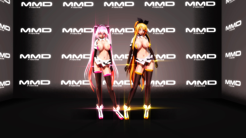 2girls 3d armwear big_breasts blonde_hair blue_eyes bow_hairband breasts female female_only hatsune_miku headset_microphone kagamine_rin large_areolae lion_musashi long_hair micro_bikini pink_hair pointy_breasts skimpy thighhighs very_long_hair vocaloid