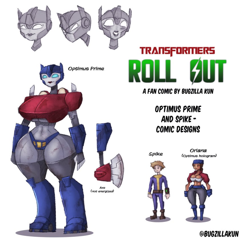 alternate_breast_size axe belly blue_eyes boots breasts_bigger_than_head bugzilla character_sheet dirty headlights helmet hologram hourglass_figure huge_breasts huge_thighs lipstick massive_thighs midriff optimus_prime redesign robot_girl rule_63 size_comparison spike_witwicky thick_thighs thong thong_bikini transformers weapon