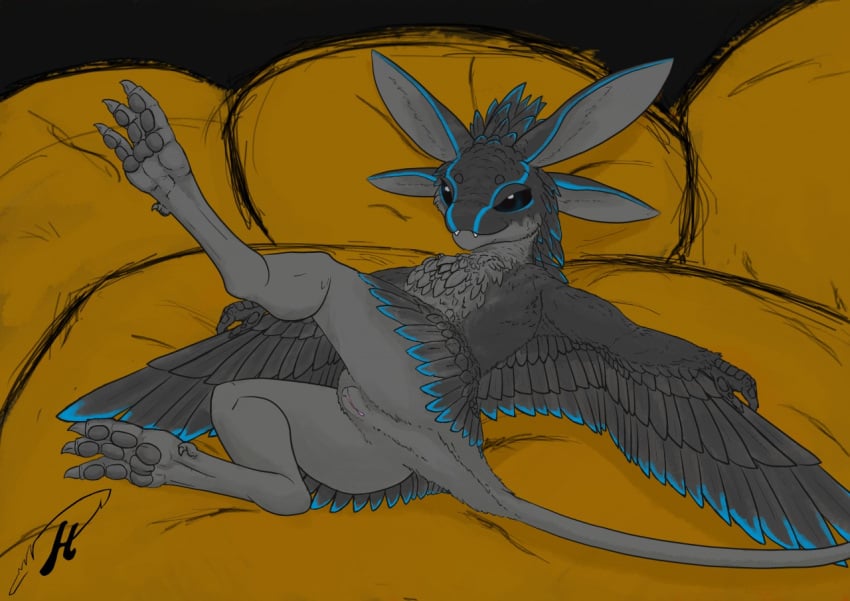 2019 4_ears animal_genitalia anthro aria_(avali) ass avali claws cloaca feathers feet female fur genitals grey_body grey_feathers grey_fur looking_at_viewer looking_back lying multi_ear nude on_side pawpads paws pillow presenting presenting_cloaca presenting_hindquarters raised_leg solo winged_arms wings wyatttheriot