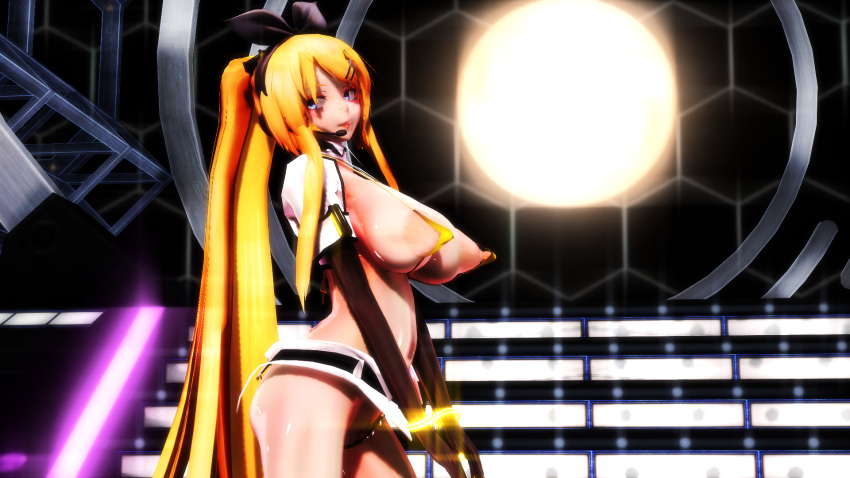 3d armwear big_breasts blonde_hair blue_eyes bow_hairband breasts headset_microphone kagamine_rin large_areolae lion_musashi long_hair micro_bikini nipples pointy_breasts skimpy very_long_hair vocaloid