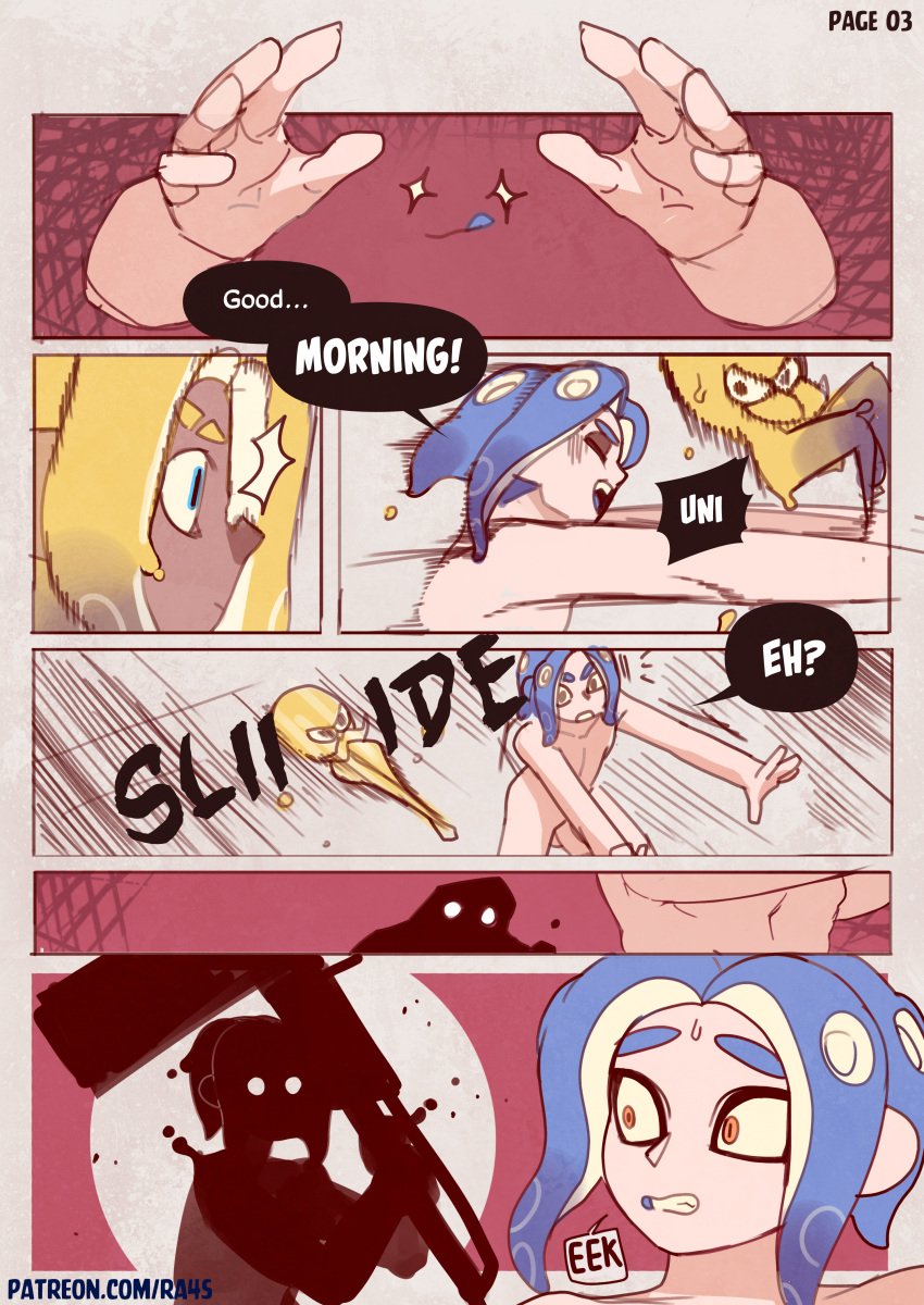 2boys blue_eyes blue_hair comic comic_page dark-skinned_male dark_skin dialogue femboy light-skinned_male light_skin male male_only nude octoling octoling_boy orange_eyes ra4s shower showering splatoon tagme twink yaoi yellow_hair