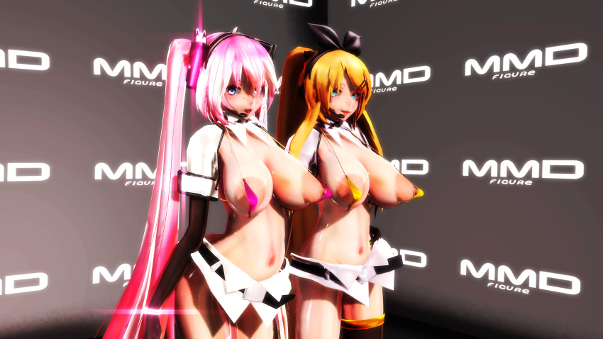 2girls 3d armwear big_breasts blonde_hair blue_eyes bow_hairband breasts female female_only hatsune_miku headset_microphone kagamine_rin large_areolae lion_musashi long_hair micro_bikini nipples pink_hair pointy_breasts skimpy thighhighs very_long_hair vocaloid