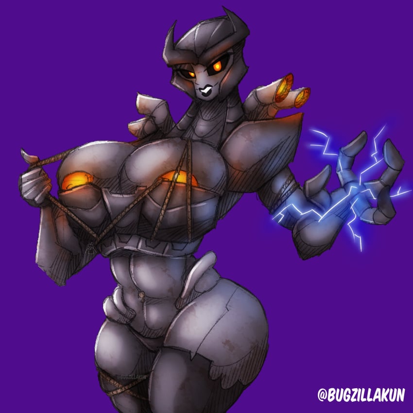 abs barely_contained belly black_lipstick breasts_bigger_than_head bugzilla chains claws electricity glowing_areola glowing_eyes grey_body helmet horns huge_breasts long_neck orange_eyes purple_background rule_63 scourge smokestack stockings terrorcon transformers transformers_rise_of_the_beasts villainess wires