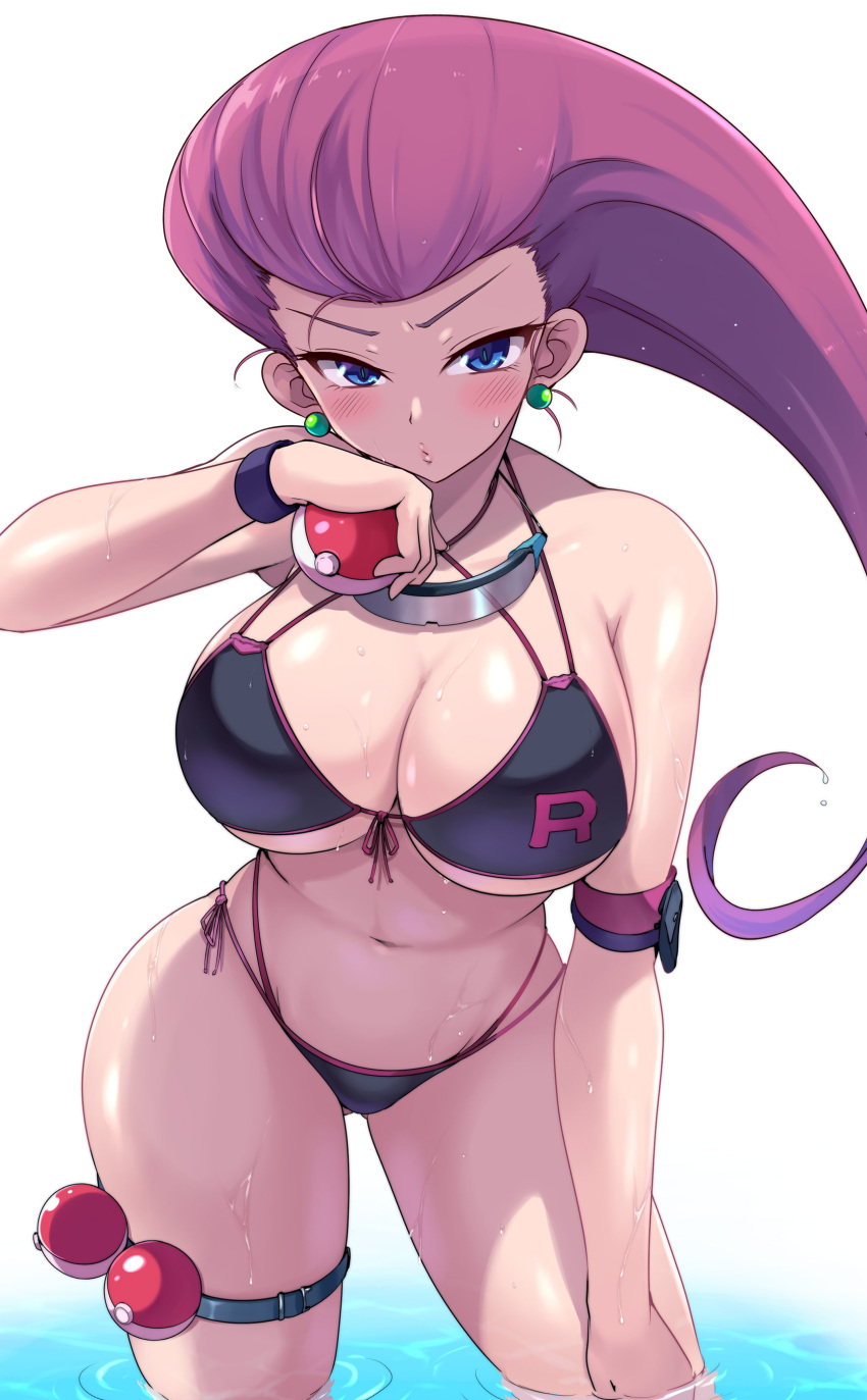 1boy 1girl 1girls bikini black_bikini blue_eyes blue_sky blush breasts cleavage close-up cloud commentary cramorant creatures_(company) day earrings female game_freak gen_1_pokemon gen_2_pokemon gen_3_pokemon gen_8_pokemon highres hips holding holding_poke_ball james_(pokemon) jessie_(pokemon) jewelry kasai_shin large_breasts leaning_forward light-skinned_female light_skin long_hair looking_at_viewer meowth navel nintendo ocean outdoors partially_submerged pikachu poke_ball poke_ball_(basic) pokemon pokemon_(anime) pokemon_(creature) red_hair sky solo summer swimsuit team_rocket thick_thighs thigh_strap thighs wailmer water wet wide_hips wingull wobbuffet