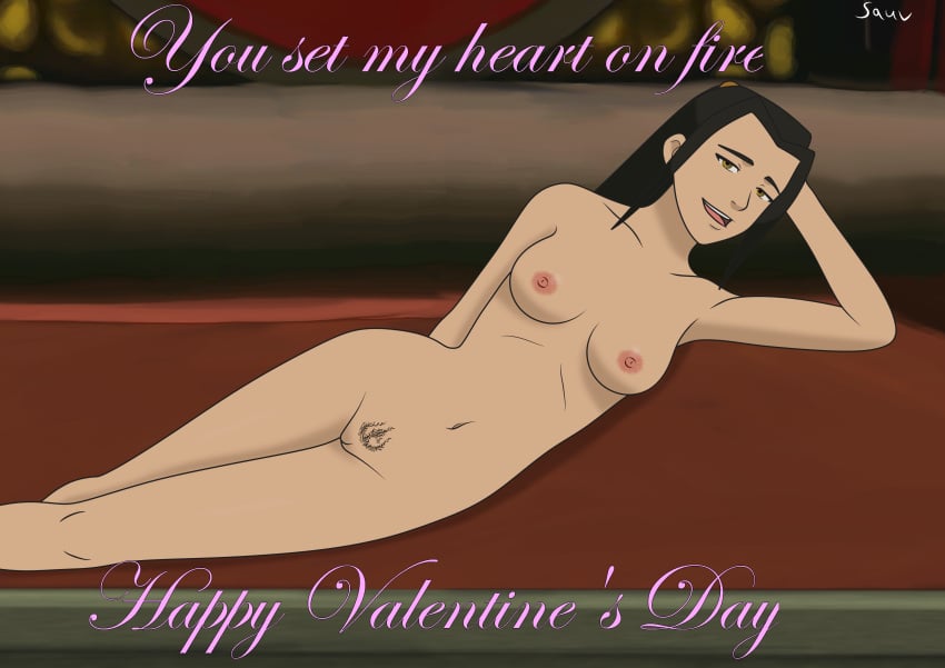 avatar_the_last_airbender azula fire_nation lying_on_bed naked naked_female nude nude_female on_bed on_side princess royalty sauvdraws shaped_pubic_hair text valentine's_day