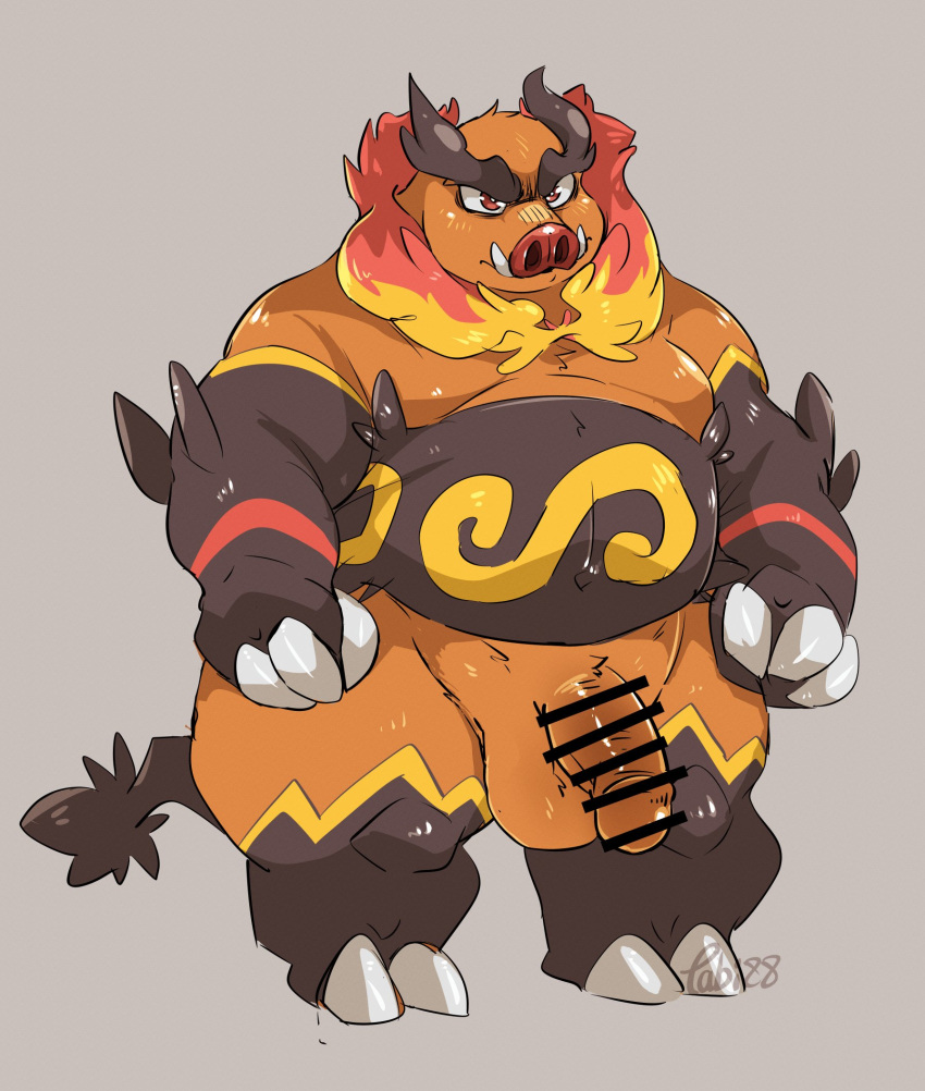 2023 anthro balls belly big_belly black_body emboar flaccid generation_5_pokemon genitals hi_res kemono kurobosi_48 male nintendo orange_body overweight overweight_male penis pokemon pokemon_(species) solo