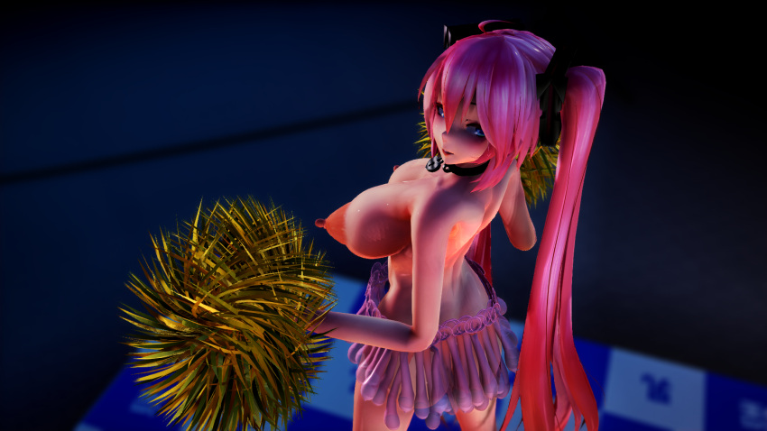 3d collar condom_skirt hatsune_miku heart_lock iwara large_areolae large_breasts lion_musashi looking_at_viewer looking_back pink_hair pom_poms twintails very_long_hair vocaloid