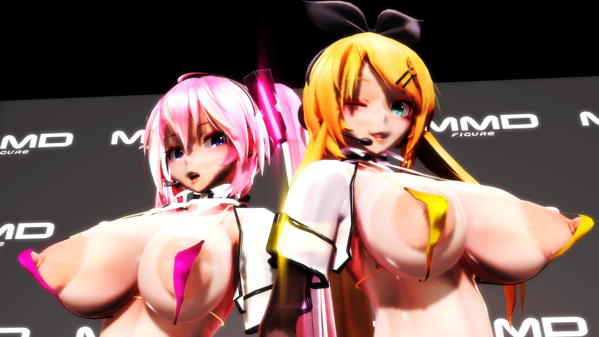 2girls 3d armwear big_breasts blonde_hair blue_eyes bow_hairband breasts female female_only hatsune_miku headset_microphone kagamine_rin large_areolae lion_musashi long_hair micro_bikini nipples open_mouth pink_hair pointy_breasts skimpy very_long_hair vocaloid