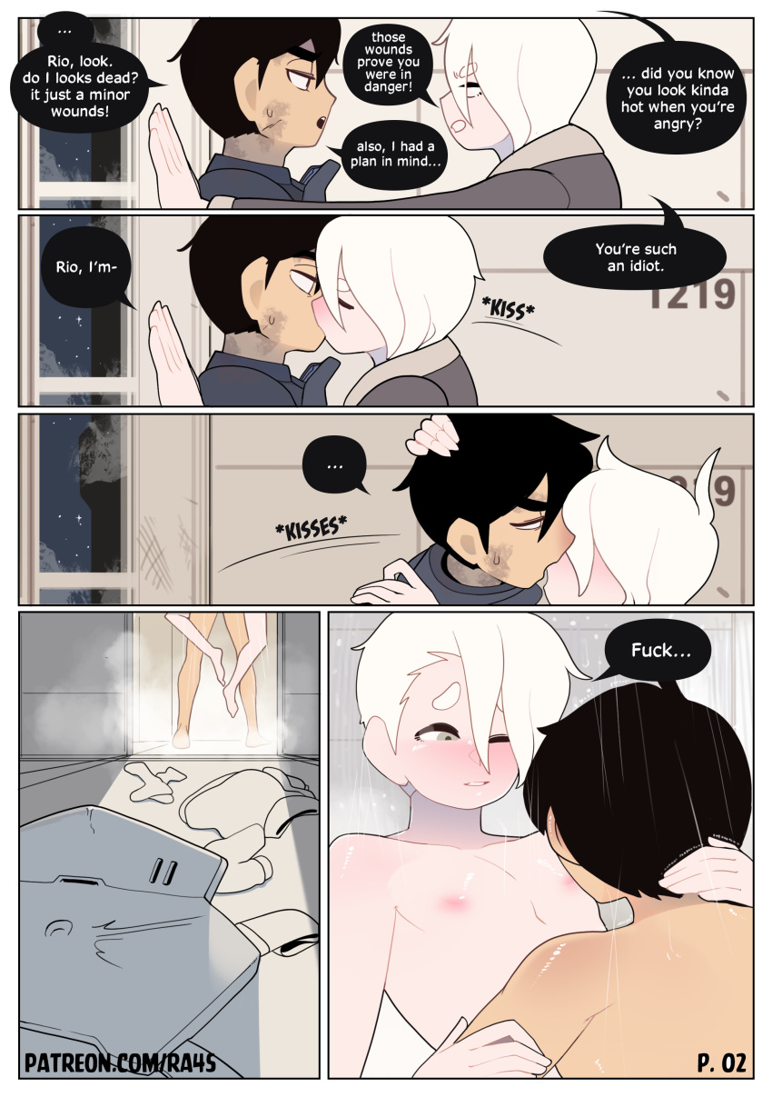 2boys black_hair comic comic_page dialogue femboy fully_clothed kissing light-skinned_male light_skin male male_only nipples oscar_(ra4s) pecs ra4s rio_(ra4s) shower shower_sex showering sucking_nipples sweatdrop tagme twink white_hair yaoi